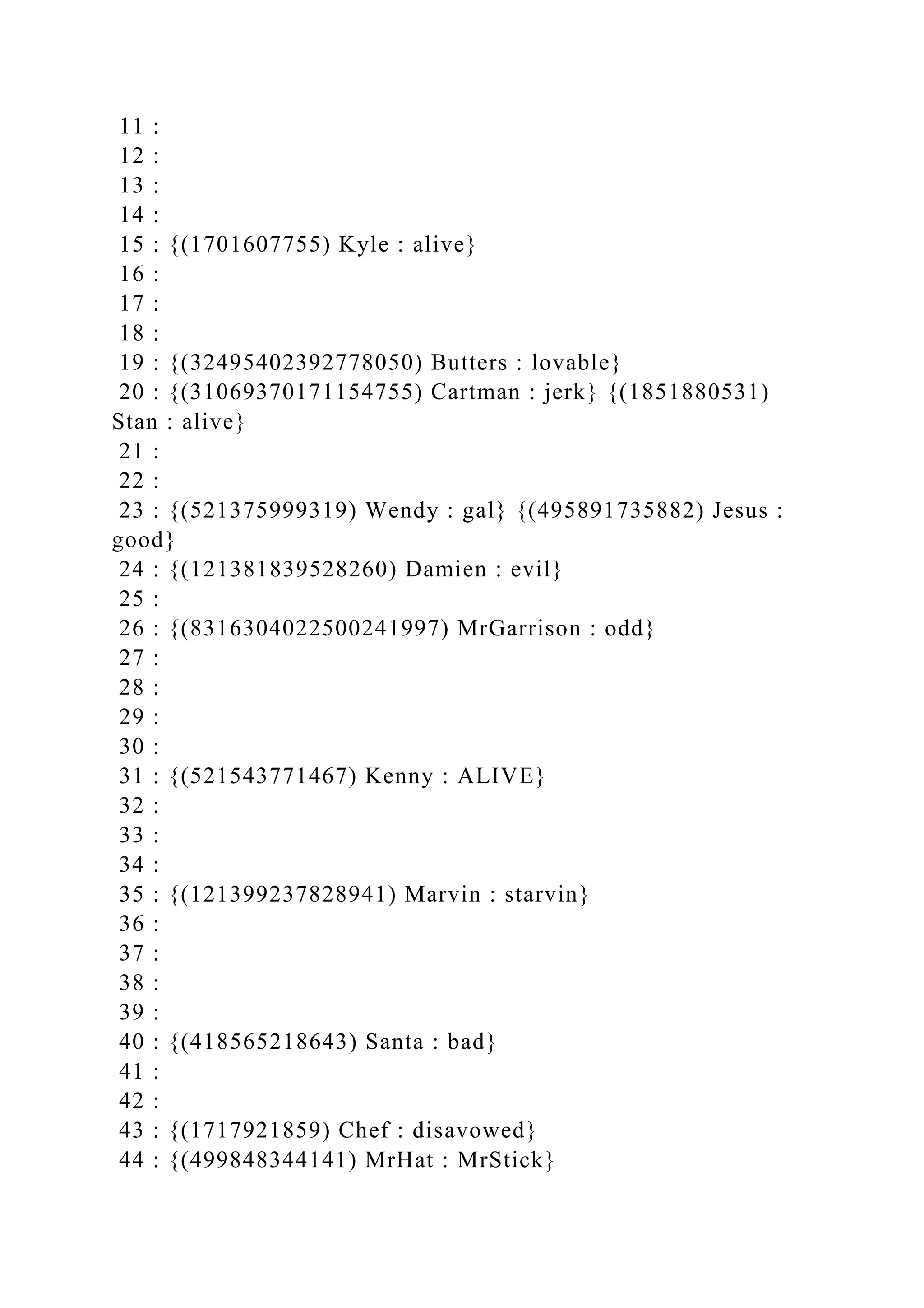 11 :
12 :
13 :
14 :
15 : {(1701607755) Kyle : alive}
16 :
17 :
18 :
19 : {(32495402392778050) Butters : lovable}
20 : {(31069370171154755) Cartman : jerk} {(1851880531)
Stan : alive}
21 :
22 :
23 : {(521375999319) Wendy : gal} {(495891735882) Jesus :
good}
24 : {(121381839528260) Damien : evil}
25 :
26 : {(8316304022500241997) MrGarrison : odd}
27 :
28 :
29 :
30 :
31 : {(521543771467) Kenny : ALIVE}
32 :
33 :
34 :
35 : {(121399237828941) Marvin : starvin}
36 :
37 :
38 :
39 :
40 : {(418565218643) Santa : bad}
41 :
42 :
43 : {(1717921859) Chef : disavowed}
44 : {(499848344141) MrHat : MrStick}
 