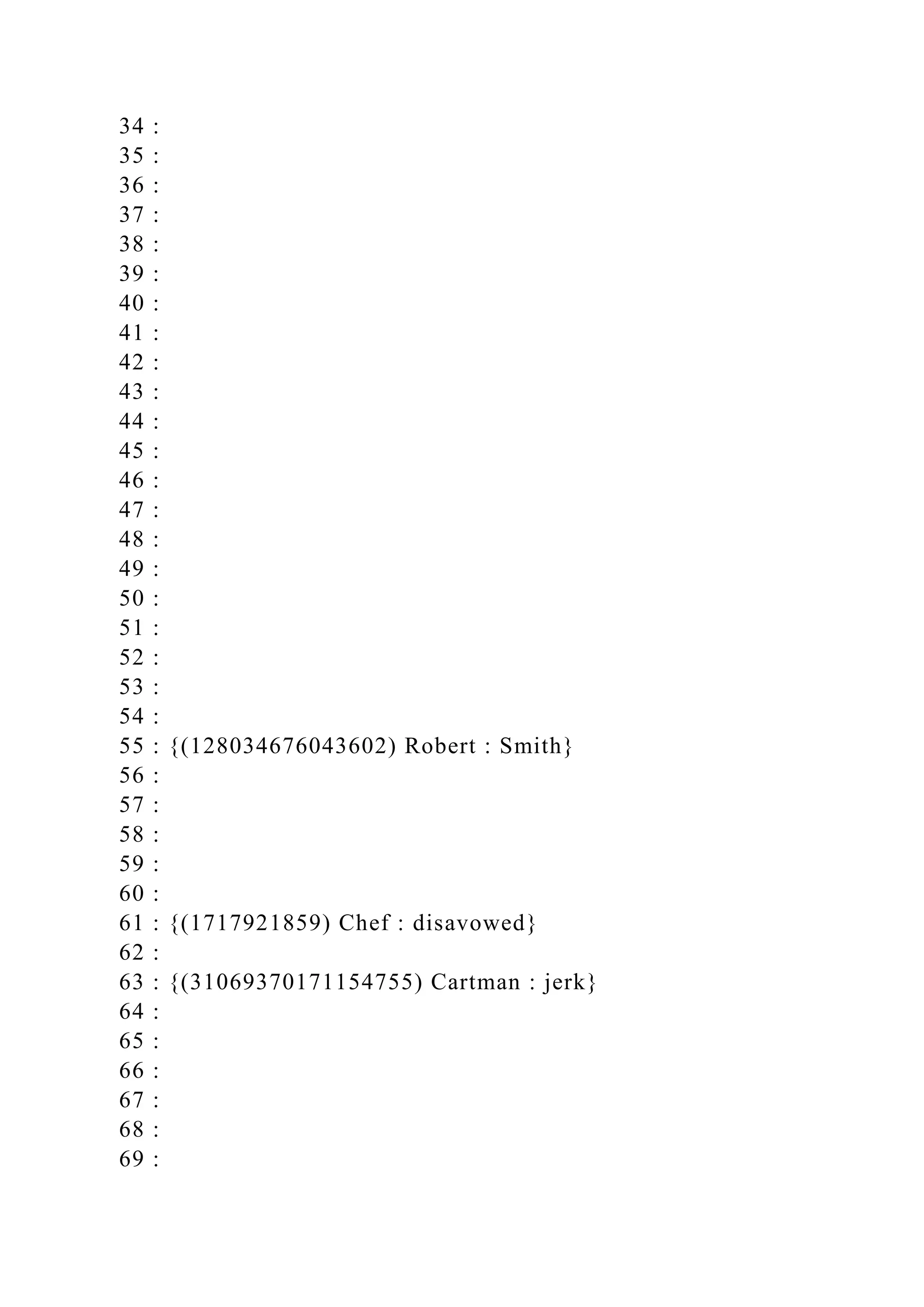 34 :
35 :
36 :
37 :
38 :
39 :
40 :
41 :
42 :
43 :
44 :
45 :
46 :
47 :
48 :
49 :
50 :
51 :
52 :
53 :
54 :
55 : {(128034676043602) Robert : Smith}
56 :
57 :
58 :
59 :
60 :
61 : {(1717921859) Chef : disavowed}
62 :
63 : {(31069370171154755) Cartman : jerk}
64 :
65 :
66 :
67 :
68 :
69 :
 