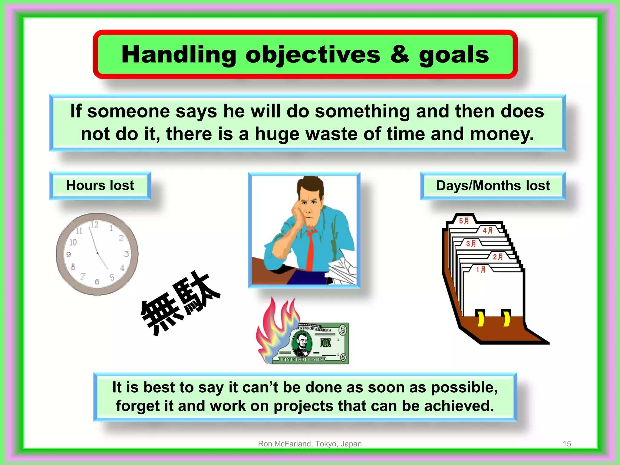 15
Handling objectives & goals
If someone says he will do something and then does
not do it, there is a huge waste of time and money.
It is best to say it can’t be done as soon as possible,
forget it and work on projects that can be achieved.
Hours lost Days/Months lost
Ron McFarland, Tokyo, Japan
 
