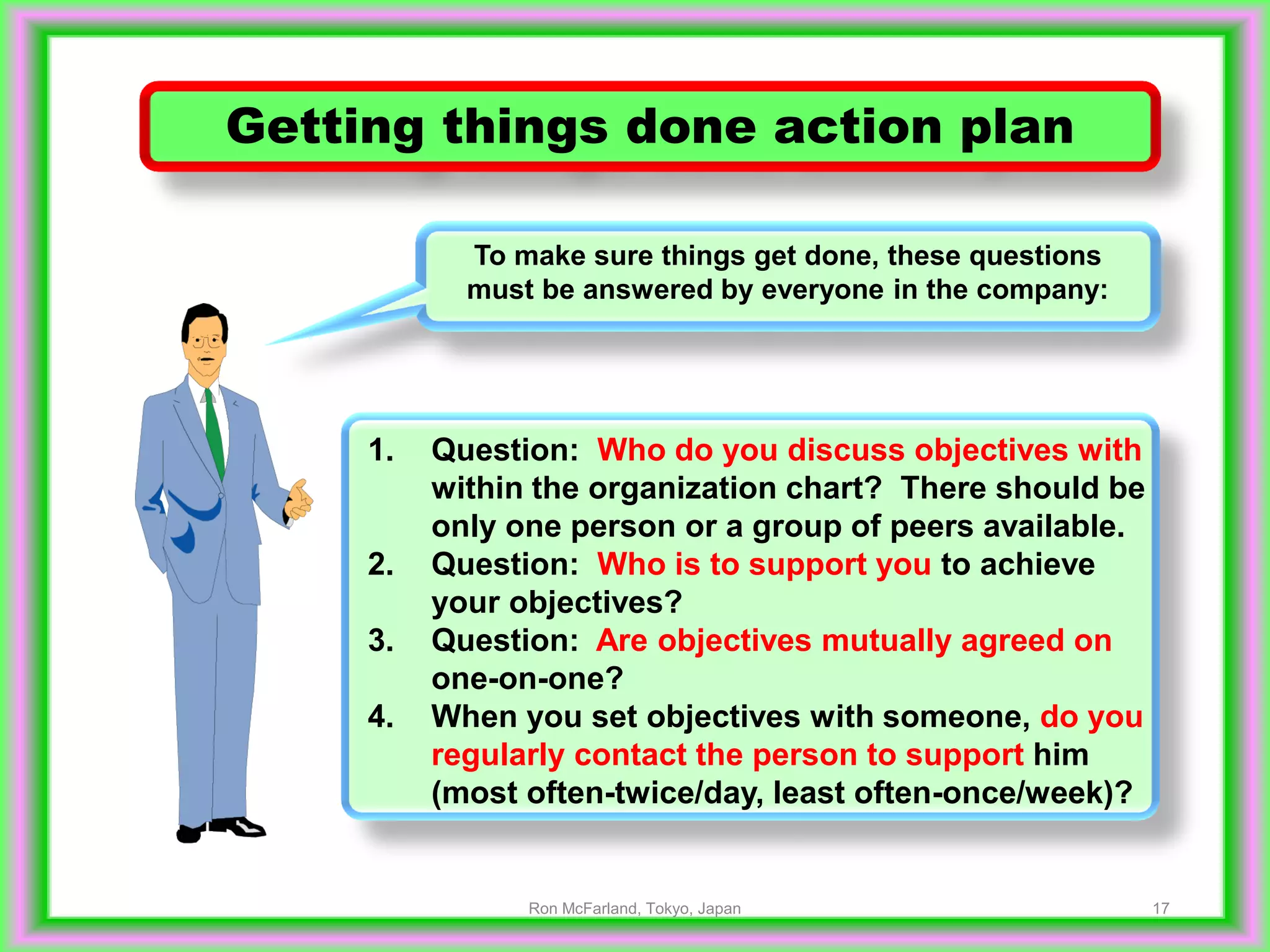 17
Getting things done action plan
To make sure things get done, these questions
must be answered by everyone in the company:
1. Question: Who do you discuss objectives with
within the organization chart? There should be
only one person or a group of peers available.
2. Question: Who is to support you to achieve
your objectives?
3. Question: Are objectives mutually agreed on
one-on-one?
4. When you set objectives with someone, do you
regularly contact the person to support him
(most often-twice/day, least often-once/week)?
Ron McFarland, Tokyo, Japan
 