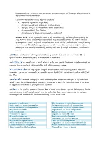 bones or make part of some organs, get shorter upon contraction and longer on relaxation, and so they can move parts of the body. 
Connective tissues have many different functions: 
 they wrap organs and shape them; 
 they provide nutrients and oxygen to other tissues; • 
 they give strenght and resistence to bones and tendons; 
 they protect joints from friction; 
 they store energy-filled macromolecules… and so on! 
Nervous tissue carries signals (both electrically and chemically) to/from different parts of the body. Nervous tissue cells are highly specialized: they are called neurons. The central nervous system (brain & spinal cord) is all made of nervous tissue. It collects informations through sensory nerves connected to all the body parts, and in turn it sends out instructions to perform actions (moving an arm, inspiring more deeply, moving one’s eyes…) through other nerves, called motor nerves. 
A cell is the smallest part in living matter, it has a special structure and can be specialized for a specific function. Every living being is made of one or more cells! 
An organelle is a specific part of a cell, where it performs a specific function. A mitochondrion is an example of an organelle: it is the part of the cells which manages energy. 
Macromolecules are very big and complex molecules that form the living matter. The most important types of macromolecules are glucids (sugars), lipids (fats), proteins and nucleic acids (DNA and RNA). 
A molecule is a stable arranging of atoms joined together. It is the smallest part of any substance which retains the properties of that substance. A molecule of water, for example, is made of one atom of oxygen and two atoms of hydrogen linked together. 
An atom is the smallest part of an element. Two or more atoms, joined together (belonging to the the same element or to different elements) form the molecules. Every atom is composed of a nucleus, made of protons and neutrons, and surrounded by a cloud of electrons. 
Atoms form molecules 
The biosphere is made of ecosystems 
Molecules form macro- molecules 
Ecosystems are made of communities Macro- molecules form organelles 
Communities are made of populations 
Organelles form cells 
Populations are made of organisms Cells form tissues 
Tissues are made of cells 
Tissues form organs 
Organs are made of tissues Organs form systems 
Systems are made of organs 
Systems form organisms 
Organisms are made of systems Organisms form populations 
Cells are made of organelles 
Populations form communities 
Organelles are made of macro-molecules Communities form ecosystems 
Macro- molecules are made of molecules 
Ecosystems form the biosphere 
Molecules are made of atoms 
