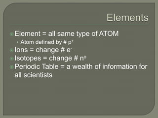 Element = all same type of ATOM
• Atom defined by # p+
Ions = change # e-
Isotopes = change # no
Periodic Table = a wealth of information for
all scientists
 