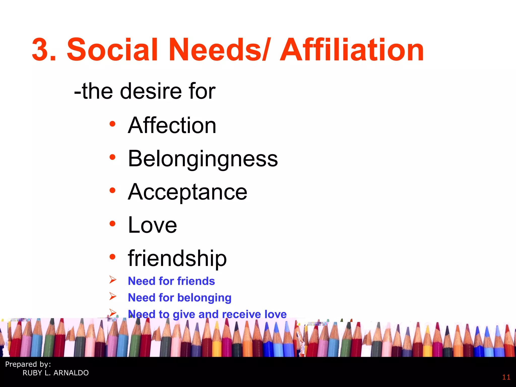 3. Social Needs/ Affiliation
• Affection
• Belongingness
• Acceptance
• Love
• friendship
 Need for friends
 Need for belonging
 Need to give and receive love
11
-the desire for
Prepared by:
RUBY L. ARNALDO
 