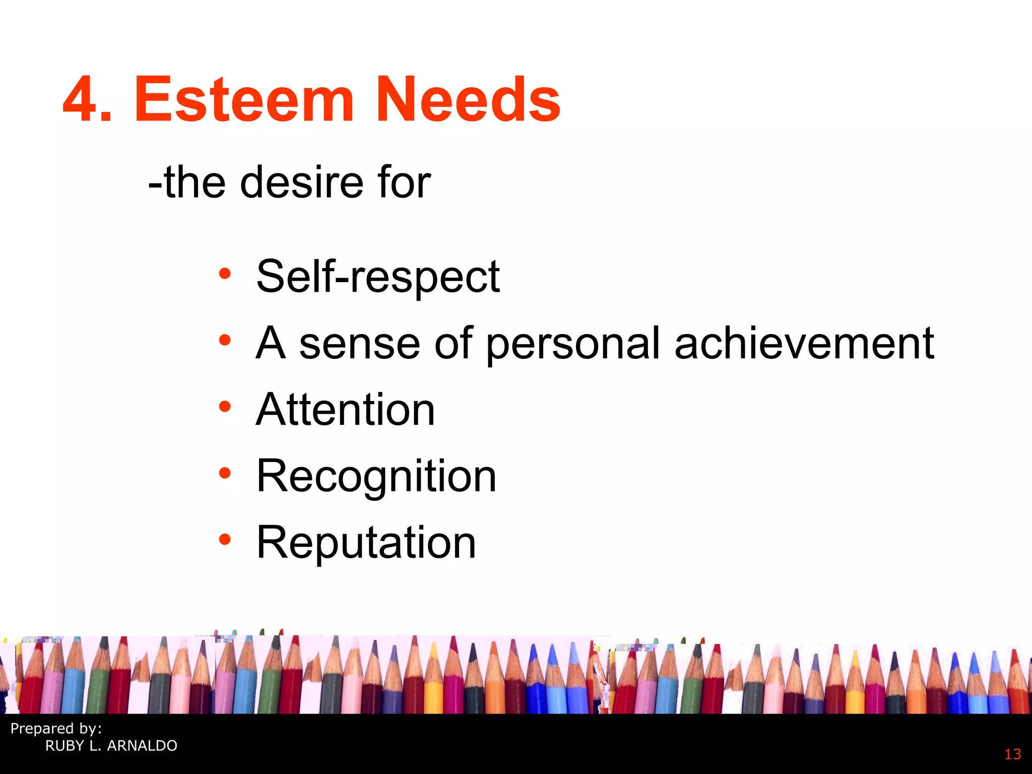 4. Esteem Needs
• Self-respect
• A sense of personal achievement
• Attention
• Recognition
• Reputation
13
-the desire for
Prepared by:
RUBY L. ARNALDO
 