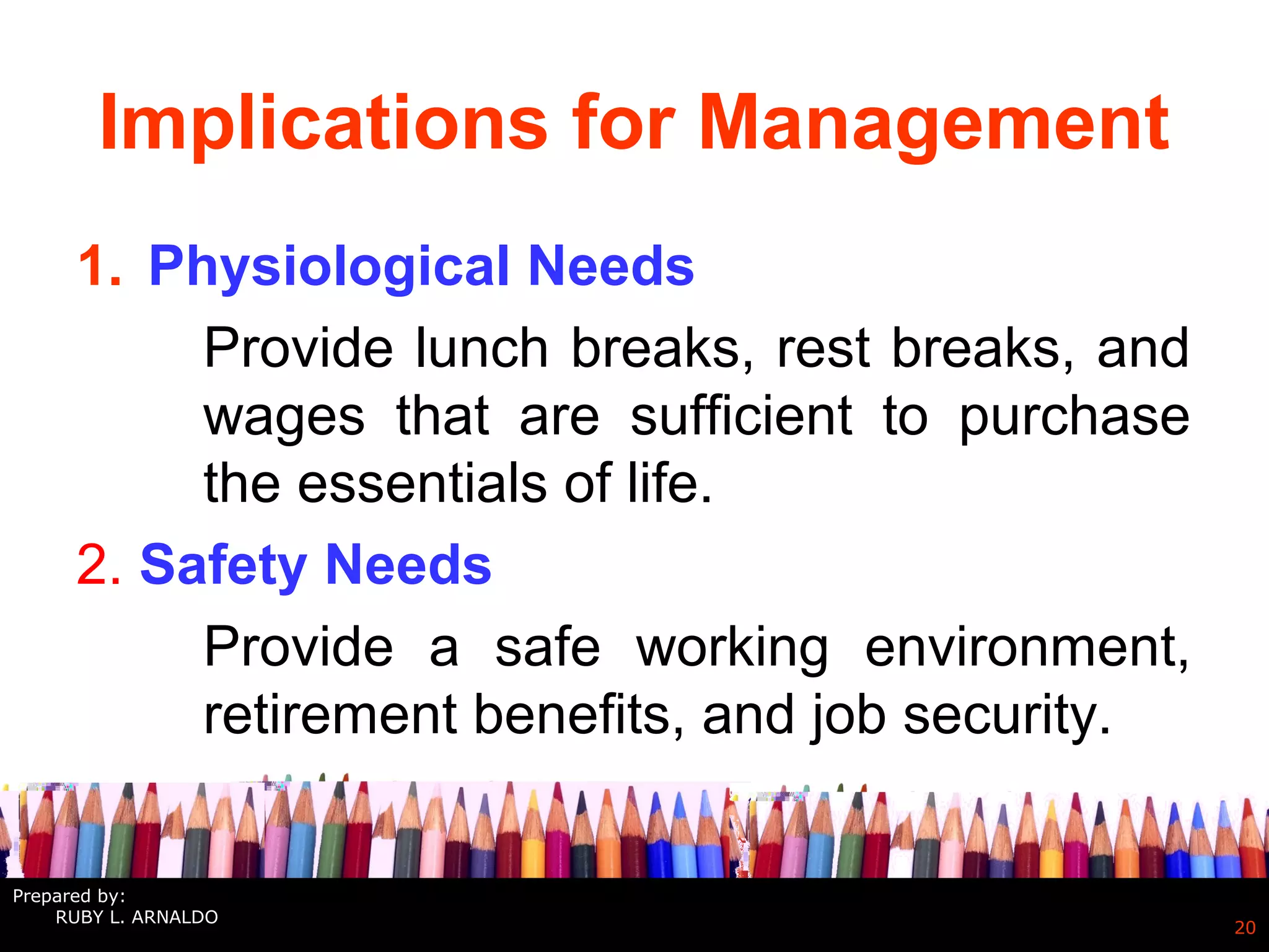 Implications for Management
1. Physiological Needs
Provide lunch breaks, rest breaks, and
wages that are sufficient to purchase
the essentials of life.
2. Safety Needs
Provide a safe working environment,
retirement benefits, and job security.
20
Prepared by:
RUBY L. ARNALDO
 