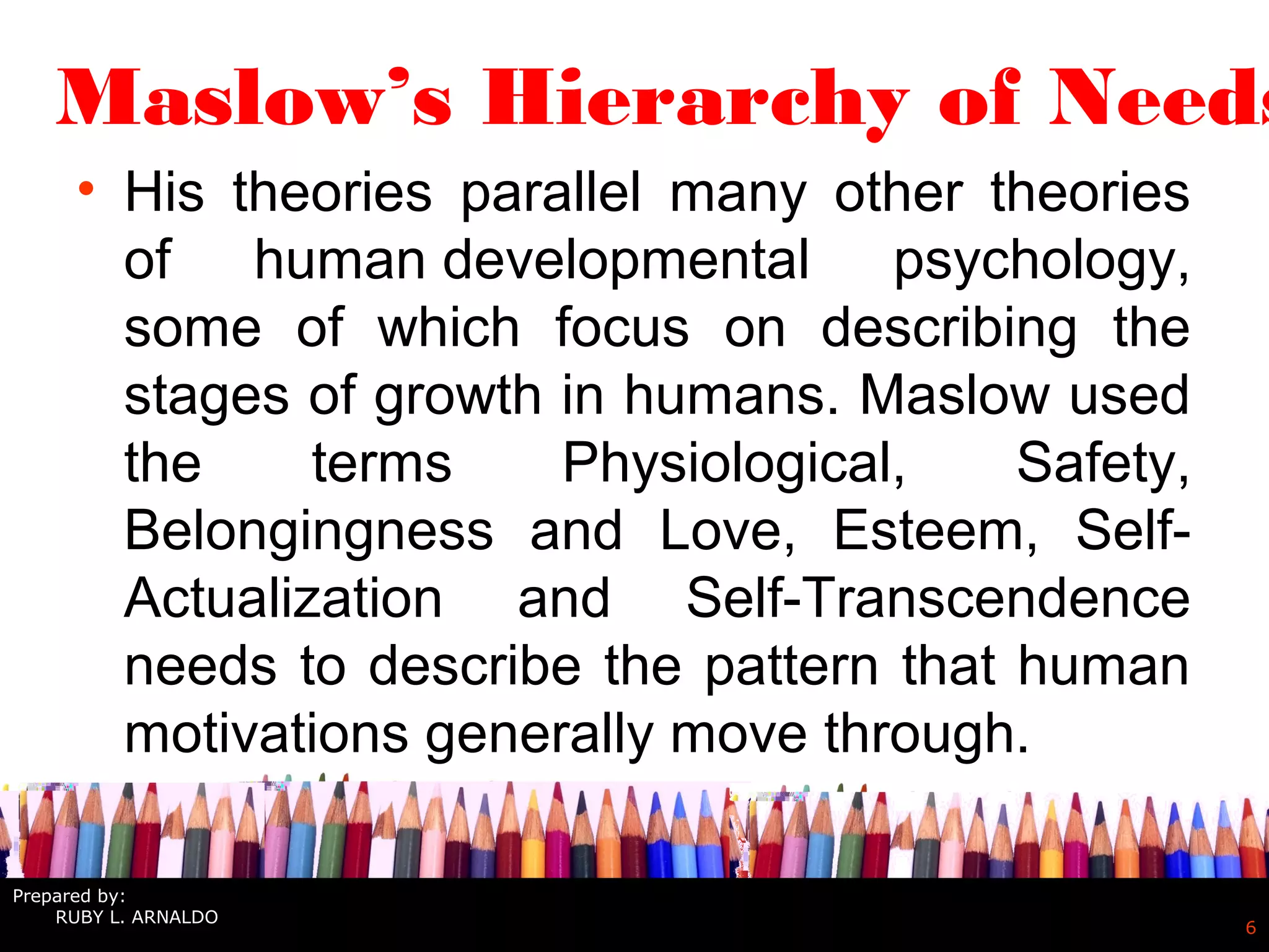 6
Maslow’s Hierarchy of Needs
• His theories parallel many other theories
of human developmental psychology,
some of which focus on describing the
stages of growth in humans. Maslow used
the terms Physiological, Safety,
Belongingness and Love, Esteem, Self-
Actualization and Self-Transcendence
needs to describe the pattern that human
motivations generally move through.
Prepared by:
RUBY L. ARNALDO
 