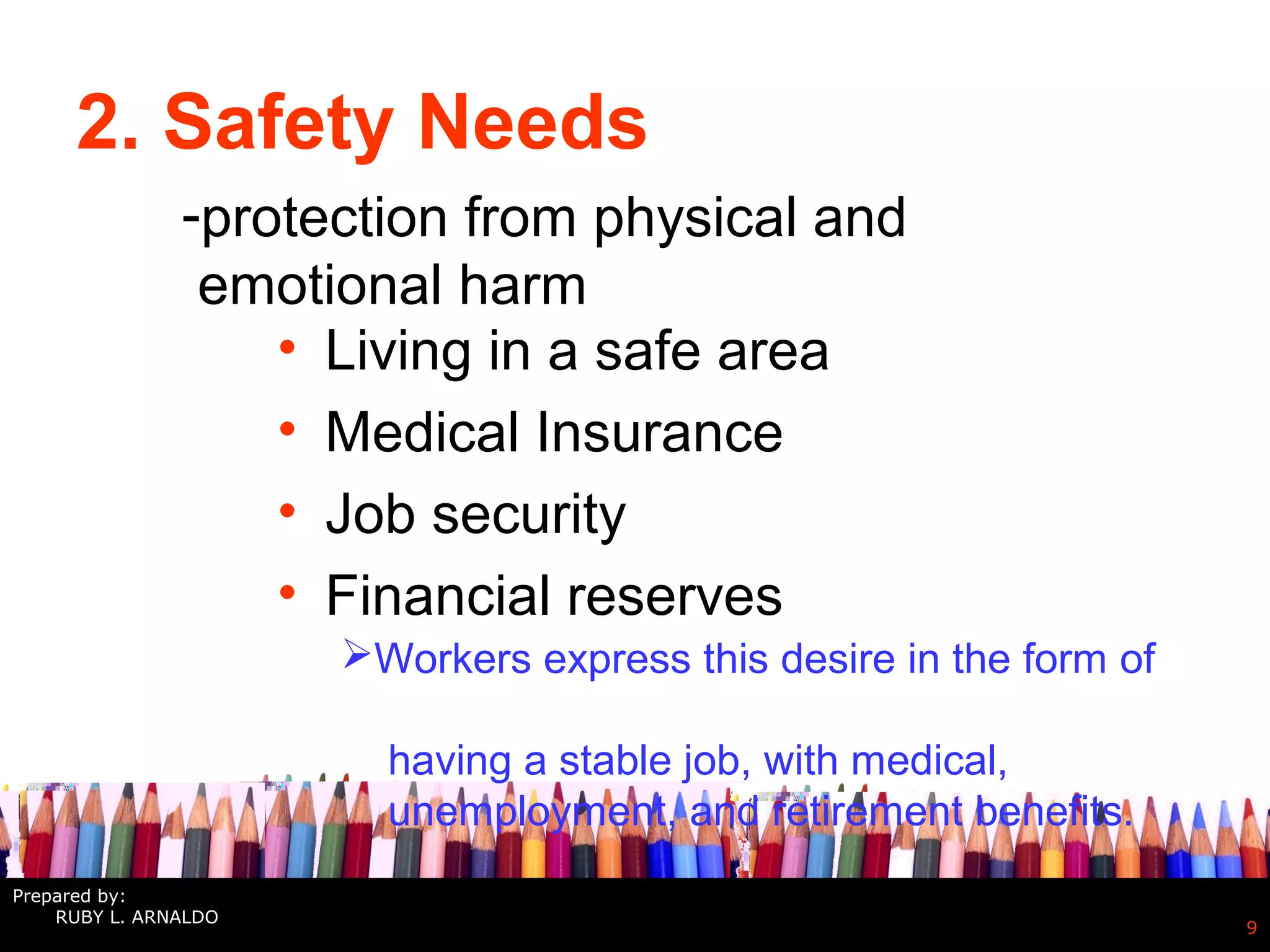 2. Safety Needs
• Living in a safe area
• Medical Insurance
• Job security
• Financial reserves
9
-protection from physical and
emotional harm
Prepared by:
RUBY L. ARNALDO
Workers express this desire in the form of
having a stable job, with medical,
unemployment, and retirement benefits.
 