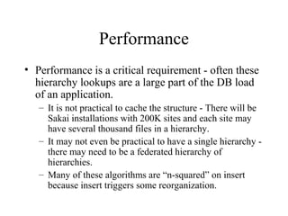Performance
• Performance is a critical requirement - often these
hierarchy lookups are a large part of the DB load
of an application.
– It is not practical to cache the structure - There will be
Sakai installations with 200K sites and each site may
have several thousand files in a hierarchy.
– It may not even be practical to have a single hierarchy -
there may need to be a federated hierarchy of
hierarchies.
– Many of these algorithms are “n-squared” on insert
because insert triggers some reorganization.
 
