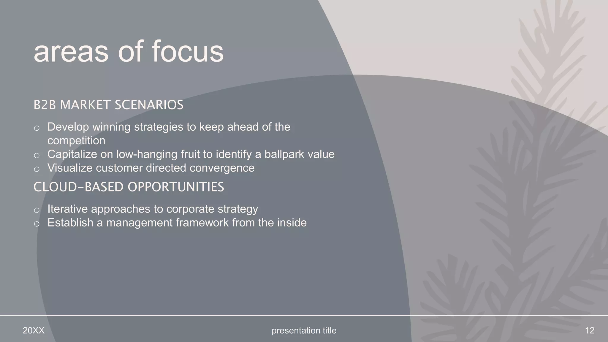 areas of focus
B2B MARKET SCENARIOS
o Develop winning strategies to keep ahead of the
competition
o Capitalize on low-hanging fruit to identify a ballpark value
o Visualize customer directed convergence​
CLOUD-BASED OPPORTUNITIES
o Iterative approaches to corporate strategy
o Establish a management framework from the inside
20XX presentation title 12
 
