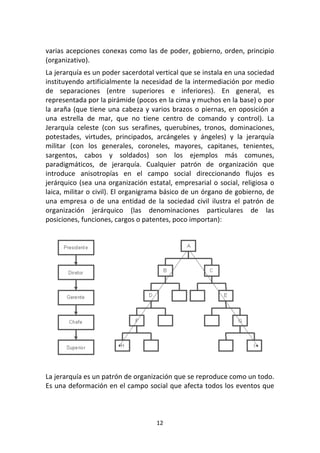 12	
  
	
  
varias	
  acepciones	
  conexas	
  como	
  las	
  de	
  poder,	
  gobierno,	
  orden,	
  principio	
  
(organizativo).	
  
La	
  jerarquía	
  es	
  un	
  poder	
  sacerdotal	
  vertical	
  que	
  se	
  instala	
  en	
  una	
  sociedad	
  
instituyendo	
  artificialmente	
  la	
  necesidad	
  de	
  la	
  intermediación	
  por	
  medio	
  
de	
   separaciones	
   (entre	
   superiores	
   e	
   inferiores).	
   En	
   general,	
   es	
  
representada	
  por	
  la	
  pirámide	
  (pocos	
  en	
  la	
  cima	
  y	
  muchos	
  en	
  la	
  base)	
  o	
  por	
  
la	
  araña	
  (que	
  tiene	
  una	
  cabeza	
  y	
  varios	
  brazos	
  o	
  piernas,	
  en	
  oposición	
  a	
  
una	
   estrella	
   de	
   mar,	
   que	
   no	
   tiene	
   centro	
   de	
   comando	
   y	
   control).	
   La	
  
Jerarquía	
   celeste	
   (con	
   sus	
   serafines,	
   querubines,	
   tronos,	
   dominaciones,	
  
potestades,	
   virtudes,	
   principados,	
   arcángeles	
   y	
   ángeles)	
   y	
   la	
   jerarquía	
  
militar	
   (con	
   los	
   generales,	
   coroneles,	
   mayores,	
   capitanes,	
   tenientes,	
  
sargentos,	
   cabos	
   y	
   soldados)	
   son	
   los	
   ejemplos	
   más	
   comunes,	
  
paradigmáticos,	
   de	
   jerarquía.	
   Cualquier	
   patrón	
   de	
   organización	
   que	
  
introduce	
   anisotropías	
   en	
   el	
   campo	
   social	
   direccionando	
   flujos	
   es	
  
jerárquico	
  (sea	
  una	
  organización	
  estatal,	
  empresarial	
  o	
  social,	
  religiosa	
  o	
  
laica,	
  militar	
  o	
  civil).	
  El	
  organigrama	
  básico	
  de	
  un	
  órgano	
  de	
  gobierno,	
  de	
  
una	
   empresa	
   o	
   de	
   una	
   entidad	
   de	
   la	
   sociedad	
   civil	
   ilustra	
   el	
   patrón	
   de	
  
organización	
   jerárquico	
   (las	
   denominaciones	
   particulares	
   de	
   las	
  
posiciones,	
  funciones,	
  cargos	
  o	
  patentes,	
  poco	
  importan):	
  
	
  
	
  
	
  
La	
  jerarquía	
  es	
  un	
  patrón	
  de	
  organización	
  que	
  se	
  reproduce	
  como	
  un	
  todo.	
  
Es	
  una	
  deformación	
  en	
  el	
  campo	
  social	
  que	
  afecta	
  todos	
  los	
  eventos	
  que	
  
 