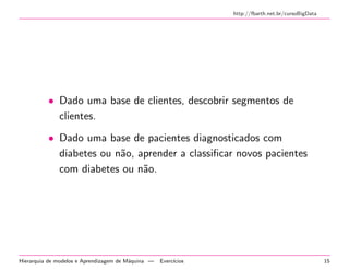 http://fbarth.net.br/cursoBigData
• Dado uma base de clientes, descobrir segmentos de
clientes.
• Dado uma base de pacientes diagnosticados com
diabetes ou n˜ao, aprender a classiﬁcar novos pacientes
com diabetes ou n˜ao.
Hierarquia de modelos e Aprendizagem de M´aquina — Exerc´ıcios 15
 