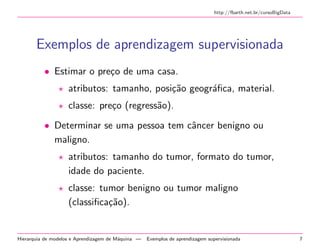 http://fbarth.net.br/cursoBigData
Exemplos de aprendizagem supervisionada
• Estimar o pre¸co de uma casa.
atributos: tamanho, posi¸c˜ao geogr´aﬁca, material.
classe: pre¸co (regress˜ao).
• Determinar se uma pessoa tem cˆancer benigno ou
maligno.
atributos: tamanho do tumor, formato do tumor,
idade do paciente.
classe: tumor benigno ou tumor maligno
(classiﬁca¸c˜ao).
Hierarquia de modelos e Aprendizagem de M´aquina — Exemplos de aprendizagem supervisionada 7
 