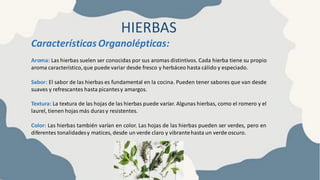 HIERBAS
Características Organolépticas:
Aroma: Las hierbas suelen ser conocidas por sus aromas distintivos. Cada hierba tiene su propio
aroma característico,que puede variar desde fresco y herbáceo hasta cálido y especiado.
Sabor: El sabor de las hierbas es fundamental en la cocina. Pueden tener sabores que van desde
suaves y refrescantes hasta picantesy amargos.
Textura: La textura de las hojas de las hierbas puede variar. Algunas hierbas, como el romero y el
laurel, tienen hojas más duras y resistentes.
Color: Las hierbas también varían en color. Las hojas de las hierbas pueden ser verdes, pero en
diferentes tonalidadesy matices, desde un verde claro y vibrantehasta un verde oscuro.
 