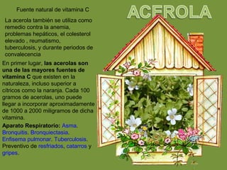 Fuente natural de vitamina C
La acerola también se utiliza como
remedio contra la anemia,
problemas hepáticos, el colesterol
elevado , reumatismo,
tuberculosis, y durante periodos de
convalecencia
En primer lugar, las acerolas son
una de las mayores fuentes de
vitamina C que existen en la
naturaleza, incluso superior a
cítricos como la naranja. Cada 100
gramos de acerolas, uno puede
llegar a incorporar aproximadamente
de 1000 a 2000 miligramos de dicha
vitamina.
Aparato Respiratorio: Asma.
Bronquitis. Bronquiectasia.
Enfisema pulmonar. Tuberculosis.
Preventivo de resfriados, catarros y
gripes.
 