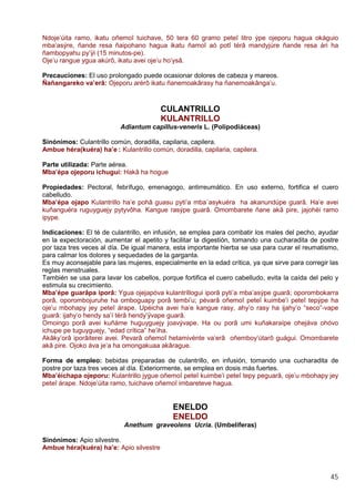 45
Ndoje’úita ramo, ikatu oñemoî tuichave, 50 tera 60 gramo peteî litro ýpe ojeporu hagua okáguio
mba’asýre, ñande resa ñaipohano hagua ikatu ñamoî aó potî térâ mandyjúre ñande resa ári ha
ñambopyahu py’ÿi (15 minutos-pe).
Oje’u rangue ygua akúrô, ikatu avei oje’u ho’ysâ.
Precauciones: El uso prolongado puede ocasionar dolores de cabeza y mareos.
Ñañangareko va’erâ: Ojeporu arérô ikatu ñanemoakârasy ha ñanemoakânga’u.
CULANTRILLO
KULANTRILLO
Adiantum capillus-veneris L. (Polipodiáceas)
Sinónimos: Culantrillo común, doradilla, capilaria, capilera.
Ambue héra(kuéra) ha’e : Kulantrillo común, doradilla, capilaria, capilera.
Parte utilizada: Parte aérea.
Mba’épa ojeporu ichugui: Hakâ ha hogue
Propiedades: Pectoral, febrífugo, emenagogo, antirreumático. En uso externo, fortifica el cuero
cabelludo.
Mba’épa ojapo Kulantrillo ha’e pohâ guasu pyti’a mba´asykuéra ha akanundúpe guarâ. Ha’e avei
kuñanguéra ruguyguejy pytyvôha. Kangue rasýpe guarâ. Omombarete ñane akâ pire, jajohéi ramo
ipype.
Indicaciones: El té de culantrillo, en infusión, se emplea para combatir los males del pecho, ayudar
en la expectoración, aumentar el apetito y facilitar la digestión, tomando una cucharadita de postre
por taza tres veces al día. De igual manera, esta importante hierba se usa para curar el reumatismo,
para calmar los dolores y sequedades de la garganta.
Es muy aconsejable para las mujeres, especialmente en la edad crítica, ya que sirve para corregir las
reglas menstruales.
También se usa para lavar los cabellos, porque fortifica el cuero cabelludo, evita la caída del pelo y
estimula su crecimiento.
Mba’épe guarâpa iporâ: Ygua ojejapóva kulantríllogui iporâ pyti’a mba’asýpe guarâ; oporombokarra
porâ, oporombojuruhe ha omboguapy porâ tembi’u; pévarâ oñemoî peteî kuimbe’i peteî tepýpe ha
oje’u mbohapy jey peteî árape. Upéicha avei ha’e kangue rasy, ahy’o rasy ha ijahy’o “seco”-vape
guarâ: ijahy’o hendy sa’í térâ hendy’ÿvape guarâ.
Omoingo porâ avei kuñáme huguyguejy joavývape. Ha ou porâ umi kuñakaraípe ohejáva ohóvo
ichupe pe tuguyguejy, “edad crítica” he’iha.
Akâky’orâ iporâiterei avei. Pevarâ oñemoî hetamivénte va’erâ oñemboy’útarô guágui. Omombarete
akâ pire. Ojoko áva je’a ha omongakuaa akârague.
Forma de empleo: bebidas preparadas de culantrillo, en infusión, tomando una cucharadita de
postre por taza tres veces al día. Exteriormente, se emplea en dosis más fuertes.
Mba’éichapa ojeporu: Kulantrillo jygue oñemoî peteî kuimbe’i peteî tepy peguarâ, oje’u mbohapy jey
peteî árape. Ndoje’úita ramo, tuichave oñemoî imbareteve hagua.
ENELDO
ENELDO
Anethum graveolens Ucria. (Umbelíferas)
Sinónimos: Apio silvestre.
Ambue héra(kuéra) ha’e: Apio silvestre
 