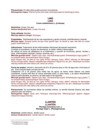 53
Precauciones: En altas dosis puede provocar convulsiones.
Ñañangareko hagua: Oñemoî tuicha ramo ikatu ñanemboryryipa ha ñanemopy’a mano.
LINO
LINO
Linum usitatissimun L. (Lináceas)
Sinónimos: Linaza, lino azul.
Ambue héra(kuéra) ha’e : Linaza, lino azul.
Parte utilizada: Semillas.
Mba’épa ojeporu ichugui: Ha’ÿingue.
Propiedades: Desinfectante de las vías respiratorias y genito-urinarias, antiinflamatorio y laxante.
Mba’épa ojapo: Omopotî tymba chu’ígui ñane pytuhê rape, ha ñande ty rape, tete tata ha rurúpe
guarâ, ñanemoñeî hu’û.
Indicaciones: Tratamiento de las enfermedades infecciosas del aparato respiratorio.
Combate el reumatismo, la gota, las disenterías, la cistitis, nefritis y blenorragias.
Se utilizan en forma de cataplasma en el tratamiento y curación de furúnculos, granos, heridas y
otras enfermedades cutáneas ( herpes, eczemas, etc.).
Mba’épe guarâpa iporâ: Ojeporu pytu rape mba’asykuérape guarâ. Ombokatupyry tuguy guata (10
)
ha omopotî tetepy opavaveichagua mba’e ky’águi.
Iporâ kangue rasy, po térâ py ruru (gota he’iha), tyeruguy, tyasy, pitikiri’î mba’asy ha blenorragia
he’iha umívape guâra. Ojeporu cataplásmape oñepohano hagua kuru vai, jari’i, ñekytîngue ha ambue
mba’asy ñande pire rehe osêva (uñe, temói vai umíva).
Forma de empleo: Infusión o decocción de 20 a 25 gramos para un litro de agua dos o tres tazas al
día. Como laxante basta una taza por día.
Cataplasma (15 a 20 gramos para medio litro de agua): se hierve hasta obtener una pasta
consistente, cuando está tibia se coloca extendida sobre un paño limpio, y se aplica directamente
sobre la parte afectada, se amarra y se deja hasta el día siguiente.
Mba’épe guarâpa iporâ: Ojeporu pytu rape mba’asykuérape guarâ. Ombokatupyry tuguy guata (11
)
ha omopotî tetepy opavaveichagua mba’e ky’águi.
Iporâ kangue rasy, po térâ py ruru (gota he’iha), tyeruguy, tyasy, pitikiri’î mba’asy ha blenorragia
he’iha umívape guâra. Ojeporu cataplásmape oñepohano hagua kuru vai, jari’i, ñekytîngue ha ambue
mba’asy ñande pire rehe osêva (uñe, temói vai umíva).
Precauciones: Se recomienda utilizar las semillas enteras. La semilla triturada (harina) solo debe
utilizarse para uso externo.
Ñañangareko hagua: Iporâ oje’u ha’ÿingue oñemongu’i’ÿre. Oñemongu’ipyre ojeporu okáguio
oñepohano hagua mba’asy.
LLANTEN
LLANTÉN
Plantago tomentosa Lam. y
Plantago major L. (Plantagináceas)
Sinónimos: Llantén blanco, llantén suave.
Ambue héra(kuéra) ha’e : Llantén blanco, llantén suave
10
Circulación de la sangre.
11
Circulación de la sangre.
 