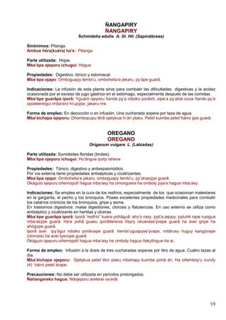 59
ÑANGAPIRY
ÑANGAPIRY
Schmidelia edulis A. St. Hil. (Sapindáceas)
Sinónimos: Pitanga.
Ambue héra(kuéra) ha’e : Pitanga.
Parte utilizada: Hojas.
Mba’épa ojeporu ichugui: Hogue
Propiedades: Digestivo, tónico y estomacal.
Mba’épa ojapo: Omboguapy tembi’u, ombohetia’e jekaru, py’ápe guarâ.
Indicaciones: La infusión de esta planta sirve para combatir las dificultades digestivas y la acidez
ocasionada por el exceso de jugo gástrico en el estómago, especialmente después de las comidas.
Mba’épe guarâpa iporâ: Yguárô ojeporu ñande py’a ndoiko porâirô, oipe’a py’ahái oúva ñande py’a
opoietereígui imba’ero hi’upýpe, jakaru rire.
Forma de empleo: En decocción o en infusión. Una cucharada sopera por taza de agua.
Mba’éichapa ojeporu: Oñembopupu térâ ojetykua hi’ári ytaku. Peteî kuimbe peteî hárro ýpe guarâ.
OREGANO
OREGANO
Origanum vulgare L. (Labiadas)
Parte utilizada: Sumidades floridas (brotes).
Mba’épa ojeporu ichugui: Hu’ângue ipoty reheve
Propiedades: Tónico, digestivo y antiespasmódico.
Por vía externa tiene propiedades antisépticas y cicatrizantes.
Mba’épa ojapo: Ombohetia’e jekaru, omboguapy tembi’u, py’ahasýpe guarâ.
Okáguio ojepuru oñemopotî hagua mba’asy ha omonguera ha omboty pya’e hagua mba’asy.
Indicaciones: Se emplea en la cura de los resfrios, especialmente de los que ocasionan malestares
en la garganta, el pecho y los bronquios. Posee excelentes propiedades medicinales para combatir
los catarros crónicos de los bronquios, gripe y asma.
En trastornos digestivos: malas digestiones, clorosis y flatulencias. En uso externo se utiliza como
antiséptico y cicatrizante en heridas y úlceras.
Mba’épe guarâpa iporâ: Iporâ “resfrío” kuéra pohâguâ: ahy’o rasy, pyti’a jejopy, pytuhê rape rupigua
mba’asýpe guarâ. Ha’e pohâ guasu iporâitereíva tîsyry okuerase’ÿvape guarâ ha avei gripe ha
ahógope guarâ.
Iporâ avei ipy’águi ndoiko porâivape guarâ: hembi’uguapyse’ÿvape, mitârusu huguy kangývape
(clorosis) ha avei tyevúpe guarâ.
Okáguio ojepuru oñemopotî hagua mba’asy ha omboty hagua ñekytîngue ha ai.
Forma de empleo: Infusión a la dosis de tres cucharadas soperas por litro de agua. Cuatro tazas al
día.
Mba’éichapa ojeporu: Ojetykua peteî litro ytaku mbohapy kuimbe pohâ ári. Ha oñemboy’u irundy
(4) hárro peteî árape.
Precauciones: No debe ser utilizada en periodos prolongados.
Ñañangareko hagua: Ndojeporu areterei va’erâi.
 