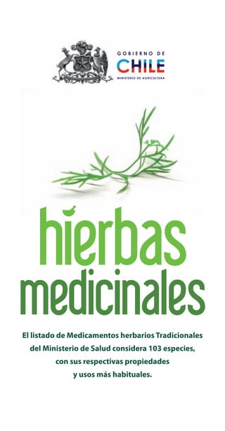 El listado de Medicamentos herbarios Tradicionales
del Ministerio de Salud considera 103 especies,
con sus respectivas propiedades
y usos más habituales.
hierbas
medicinales
 