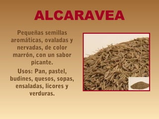 ALCARAVEA
Pequeñas semillas
aromáticas, ovaladas y
nervadas, de color
marrón, con un sabor
picante.
Usos: Pan, pastel,
budines, quesos, sopas,
ensaladas, licores y
verduras.
 