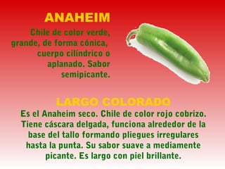 LARGO COLORADO
Es el Anaheim seco. Chile de color rojo cobrizo.
Tiene cáscara delgada, funciona alrededor de la
base del tallo formando pliegues irregulares
hasta la punta. Su sabor suave a mediamente
picante. Es largo con piel brillante.
ANAHEIM
Chile de color verde,
grande, de forma cónica,
cuerpo cilíndrico o
aplanado. Sabor
semipicante.
 