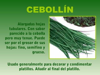 CEBOLLÍN
Alargadas hojas
tubulares. Con sabor
parecido a la cebolla
pero muy tenue. Puede
ser por el grosor de sus
hojas: fino, semifino y
grueso.
Usado generalmente para decorar y condimentar
platillos. Añadir al final del platillo.
 