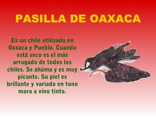PASILLA DE OAXACA
Es un chile utilizado en
Oaxaca y Puebla. Cuando
está seco es el más
arrugado de todos los
chiles. Se ahúma y es muy
picante. Su piel es
brillante y variado en tono
mora a vino tinto.
 