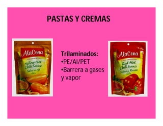 PASTAS Y CREMAS 
Trilaminados: 
•PE/Al/PET 
•Barrera a gases 
y vapor 
 