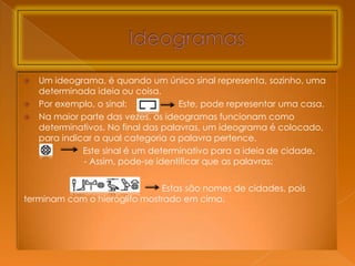    Um ideograma, é quando um único sinal representa, sozinho, uma
    determinada ideia ou coisa.
   Por exemplo, o sinal:            Este, pode representar uma casa.
   Na maior parte das vezes, os ideogramas funcionam como
    determinativos. No final das palavras, um ideograma é colocado,
    para indicar a qual categoria a palavra pertence.
              Este sinal é um determinativo para a ideia de cidade.
              - Assim, pode-se identificar que as palavras:


                              Estas são nomes de cidades, pois
terminam com o hieróglifo mostrado em cima.
 