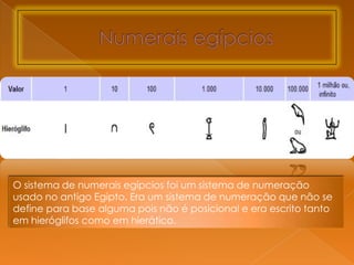 O sistema de numerais egípcios foi um sistema de numeração
usado no antigo Egipto. Era um sistema de numeração que não se
define para base alguma pois não é posicional e era escrito tanto
em hieróglifos como em hierático.
 