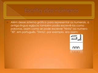    Além desse sistema gráfico para representar os numerais, a
    antiga língua egípcia também podia escrevê-los como
    palavras, assim como se pode escrever "trinta" ao numero
    "30", em português. "Trinta", por exemplo, era assim:
 