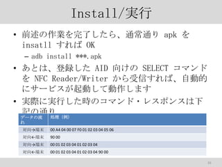 Install/g
? ǰIˤ顢ͨͨ apk 
insatll  OK
C adb install ***.apk

? Ȥϡh AID 򤱤 SELECT ޥ
 NFC Reader/Writer ŤСԄӵ
˥`ӥӤƄޤ
? gHˌgФrΥޥ?쥹ݥ󥹤
ӛͨ
I
ǩ`

ĩ

00 A4 04 00 07 F0 01 02 03 04 05 06

ĩ

90 00

ĩ

00 01 02 03 04 01 02 03 04

ĩ

00 01 02 03 04 01 02 03 04 90 00
16

 