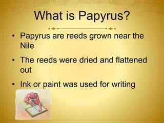 What is Papyrus?
• Papyrus are reeds grown near the
Nile
• The reeds were dried and flattened
out
• Ink or paint was used for writing
 