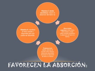 Vitamina C (ácido
ascórbico): mejora la
absorción del hierro no

Otros ácidos
orgánicos: ácido cítrico,
ácido láctico y ácido
málico también benefician
la absorción de hierro no
hémico.

Vitamina A: mantiene
al hierro soluble y
disponible para que
pueda ser absorbido

Proteínas de la
carne: además de
proveer hierro hémico
(altamente absorbible)
favorecen la absorción
de hierro no hémico

FAVORECEN LA ABSORCIÓN:

 