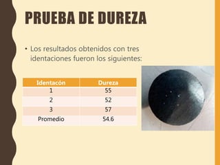 PRUEBA DE DUREZA
• Los resultados obtenidos con tres
identaciones fueron los siguientes:
Identacón Dureza
1 55
2 52
3 57
Promedio 54.6
 