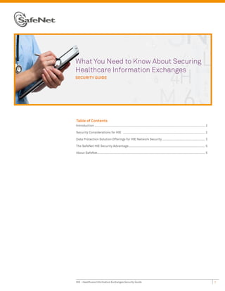 What You Need to Know About Securing
Healthcare Information Exchanges
SECURITY GUIDE




Table of Contents
Introduction ........................................................................................................................ 2

Security Considerations for HIE ......................................................................................... 2

Data Protection Solution Offerings for HIE Network Security .............................................. 3

The SafeNet HIE Security Advantage ................................................................................... 5

About SafeNet..................................................................................................................... 5




HIE - Healthcare Information Exchanges Security Guide                                                                                     1
 