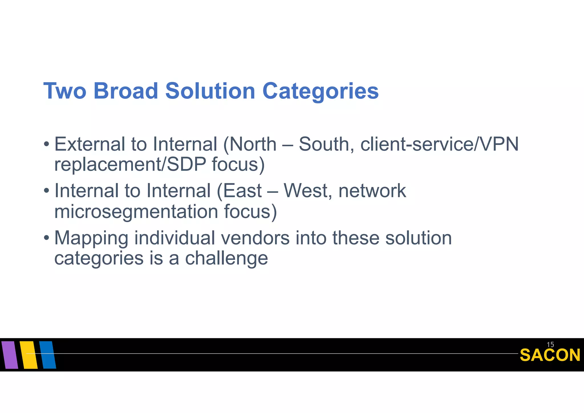 SACON
Two Broad Solution Categories
• External to Internal (North – South, client-service/VPN
replacement/SDP focus)
• Internal to Internal (East – West, network
microsegmentation focus)
• Mapping individual vendors into these solution
categories is a challenge
15
 
