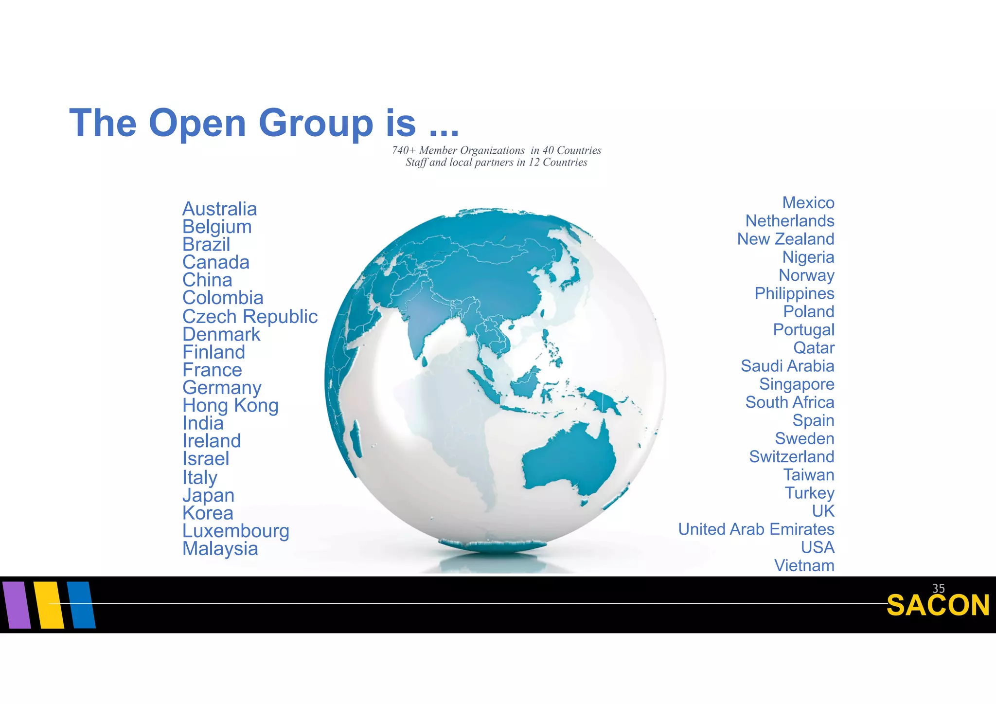 SACON
The Open Group is ...
35
Australia
Belgium
Brazil
Canada
China
Colombia
Czech Republic
Denmark
Finland
France
Germany
Hong Kong
India
Ireland
Israel
Italy
Japan
Korea
Luxembourg
Malaysia
740+ Member Organizations in 40 Countries
Staff and local partners in 12 Countries
Mexico
Netherlands
New Zealand
Nigeria
Norway
Philippines
Poland
Portugal
Qatar
Saudi Arabia
Singapore
South Africa
Spain
Sweden
Switzerland
Taiwan
Turkey
UK
United Arab Emirates
USA
Vietnam
 