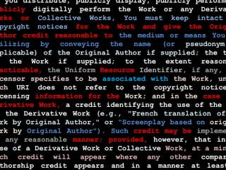 you distribute, publicly display, publicly perform,
blicly digitally perform the Work or any Deriva
rks or Collective Works, You must keep intact
pyright notices for the Work and give the Orig
thor credit reasonable to the medium or means You
ilizing   by  conveying  the   name  (or   pseudonym
plicable) of the Original Author if supplied; the t
  the Work if supplied; to the extent reason
acticable, the Uniform Resource Identifier, if any,
censor specifies to be associated with the Work, un
ch URI does not refer to the copyright notice
censing information for the Work; and in the case o
rivative Work, a credit identifying the use of the
 the Derivative Work (e.g., "French translation of
rk by Original Author," or "Screenplay based on orig
rk by Original Author"). Such credit may be impleme
 any reasonable manner; provided, however, that in
se of a Derivative Work or Collective Work, at a min
ch credit will appear where any other compar
thorship credit appears and in a manner at least
 