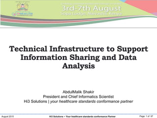 August 2015 Page: 1 of 97Hi3 Solutions ~ Your healthcare standards conformance Partner
Technical Infrastructure to Support
Information Sharing and Data
Analysis
AbdulMalik Shakir
President and Chief Informatics Scientist
Hi3 Solutions | your healthcare standards conformance partner
 