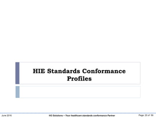 June 2016 Page: 20 of 59Hi3 Solutions ~ Your healthcare standards conformance Partner
HIE Standards Conformance
Profiles
 