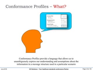 June 2016 Page: 23 of 59Hi3 Solutions ~ Your healthcare standards conformance Partner
Conformance Profiles provide a language that allows us to
unambiguously express our understanding and assumptions about the
information in a message structure used in a particular scenario
Conformance Profiles – What?
 