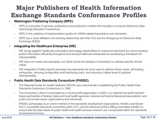 June 2016 Page: 25 of 59Hi3 Solutions ~ Your healthcare standards conformance Partner
Major Publishers of Health Information
Exchange Standards Conformance Profiles
 Washington Publishing Company (WPC)
 WPC is a provider of services, publications and products to entities that develop or consume Electronic Data
Interchange Standard Transactions.
 WPC is the publisher of implementation guides for HIPAA related transactions and standards.
 WPC has a close affiliation and working relationship with ASC X12 and the Workgroup for Electronic Data
Exchange (WEDI)
 Integrating the Healthcare Enterprise (IHE)
 IHE brings together healthcare information technology stakeholders to implement standards for communicating
patient information efficiently throughout and among healthcare enterprises by developing a framework for
interoperability.
 IHE does not create new standards, but rather drives the adoption of standards to address specific clinical
needs.
 IHE Integration Profiles specify precisely how standards are to be used to address these needs, eliminating
ambiguities, reducing configuration and interfacing costs, and ensuring a higher level of practical
interoperability.
 Public Health Data Standards Consortium (PHDSC)
 The National Center for Health Statistics (NCHS) was instrumental in establishing the Public Health Data
Standards Consortium (Consortium) in 1999.
 The Consortium, which incorporated as a not-for-profit organization in 2003, is a national non-profit member-
based partnership of federal, state and local health agencies; national and local professional associations; and
public and private sector organizations and individuals.
 PHDSC participates as an active member of the standards development organizations, Health Level Seven
(HL7), Accredited Standards Committee (ASC) X12, and the National Uniform Billing Committee (NUBC) to
ensure that the data needs of public health and health services research are incorporated within the standards
development process.
 