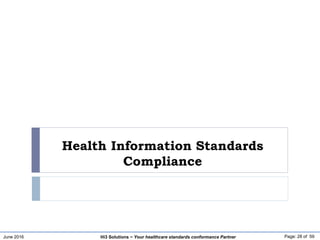 June 2016 Page: 28 of 59Hi3 Solutions ~ Your healthcare standards conformance Partner
Health Information Standards
Compliance
 