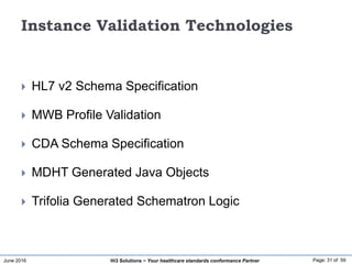June 2016 Page: 31 of 59Hi3 Solutions ~ Your healthcare standards conformance Partner
Instance Validation Technologies
 HL7 v2 Schema Specification
 MWB Profile Validation
 CDA Schema Specification
 MDHT Generated Java Objects
 Trifolia Generated Schematron Logic
 