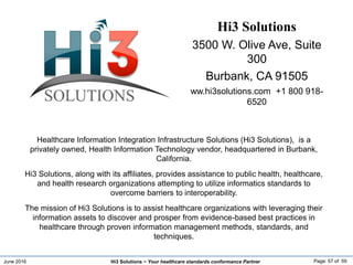 June 2016 Page: 57 of 59Hi3 Solutions ~ Your healthcare standards conformance Partner
Hi3 Solutions
3500 W. Olive Ave, Suite
300
Burbank, CA 91505
ww.hi3solutions.com +1 800 918-
6520
Healthcare Information Integration Infrastructure Solutions (Hi3 Solutions), is a
privately owned, Health Information Technology vendor, headquartered in Burbank,
California.
Hi3 Solutions, along with its affiliates, provides assistance to public health, healthcare,
and health research organizations attempting to utilize informatics standards to
overcome barriers to interoperability.
The mission of Hi3 Solutions is to assist healthcare organizations with leveraging their
information assets to discover and prosper from evidence-based best practices in
healthcare through proven information management methods, standards, and
techniques.
 
