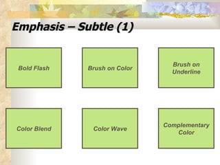 Emphasis – Subtle (1) Brush on Underline Color Blend Complementary Color Brush on Color Bold Flash Color Wave 