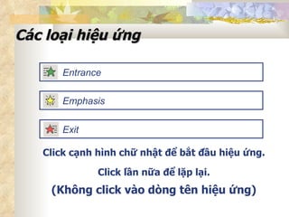Các loại hiệu ứng Click cạnh hình chữ nhật để bắt đầu hiệu ứng.  Click lần nữa để lặp lại. (Không click vào dòng tên hiệu ứng) Exit Entrance Emphasis 