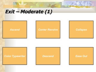Exit – Moderate (1) Ease Out Ascend Collapse Center Revolve Ease Out Ascend Collapse Center Revolve Color Typewriter Color Typewriter Ascend Descend 