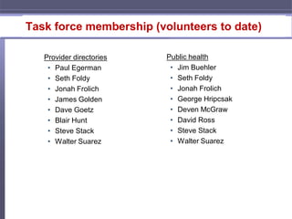 Task force membership (volunteers to date)

   Provider directories   Public health
    • Paul Egerman         • Jim Buehler
    • Seth Foldy           • Seth Foldy
    • Jonah Frolich        • Jonah Frolich
    • James Golden         • George Hripcsak
    • Dave Goetz           • Deven McGraw
    • Blair Hunt           • David Ross
    • Steve Stack          • Steve Stack
    • Walter Suarez        • Walter Suarez
 