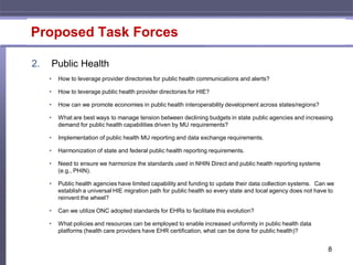 Proposed Task Forces

2.       Public Health
     •    How to leverage provider directories for public health communications and alerts?

     •    How to leverage public health provider directories for HIE?

     •    How can we promote economies in public health interoperability development across states/regions?

     •    What are best ways to manage tension between declining budgets in state public agencies and increasing
          demand for public health capabilities driven by MU requirements?

     •    Implementation of public health MU reporting and data exchange requirements.

     •    Harmonization of state and federal public health reporting requirements.

     •    Need to ensure we harmonize the standards used in NHIN Direct and public health reporting systems
          (e.g., PHIN).

     •    Public health agencies have limited capability and funding to update their data collection systems. Can we
          establish a universal HIE migration path for public health so every state and local agency does not have to
          reinvent the wheel?

     •    Can we utilize ONC adopted standards for EHRs to facilitate this evolution?

     •    What policies and resources can be employed to enable increased uniformity in public health data
          platforms (health care providers have EHR certification, what can be done for public health)?


                                                                                                                  8
 